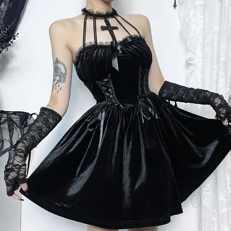 Velvet Halter Neck Lace Up Corset Fit and Flare Mini Dress - View 2