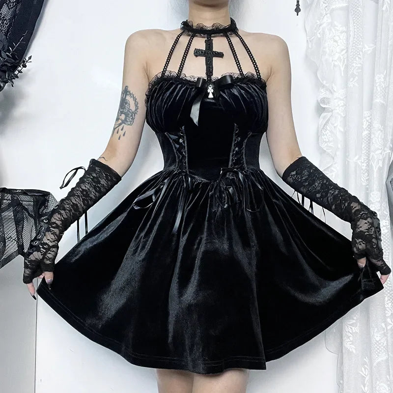 Velvet Halter Neck Lace Up Corset Fit and Flare Mini Dress - View 3
