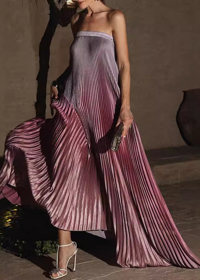 Strapless Accordion Pleat Plisse Column Floor Length Maxi Gown - View 3