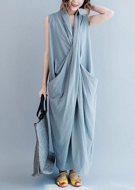 Sleeveless V-Neck Knot Front Draped Pocket Oversized Maxi Dress