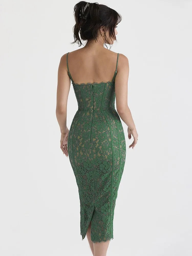 Lace Sweetheart Spaghetti Strap Corset Bodycon Midi Dress - View 3