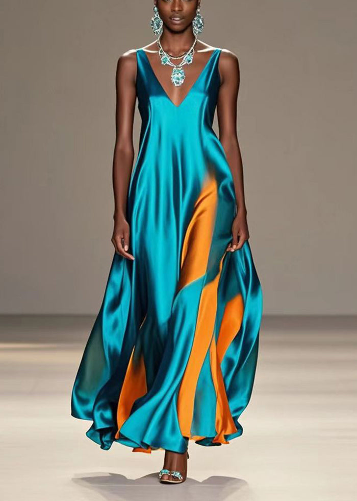 Satin Wave Panel Deep V-Neck Spaghetti Strap Flared Floor Length Gown - View 5