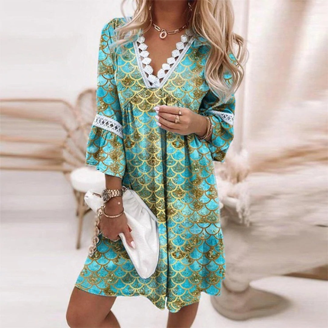Floral Print Crochet Lace Trim Deep V-Neck Long Sleeve Mini Dress - View 3