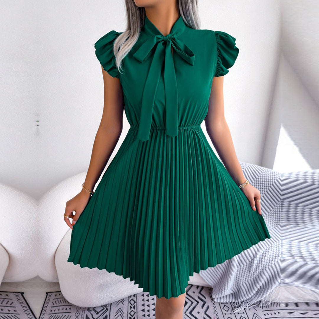 Tie Neck Ruffle Sleeve Accordion Pleated Mini Dress - View 3