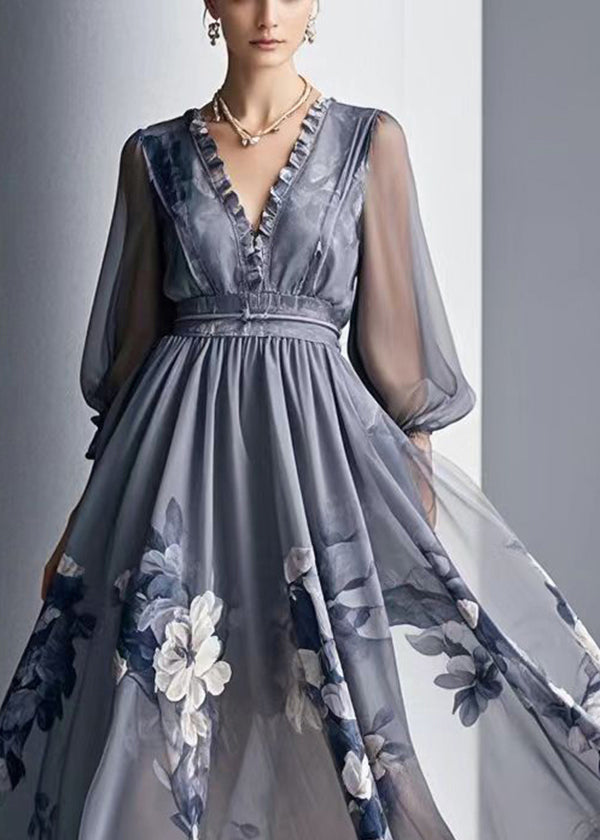 Grey Print Chiffon Dresses Ruffled Exra Large Hem Summer - View 2
