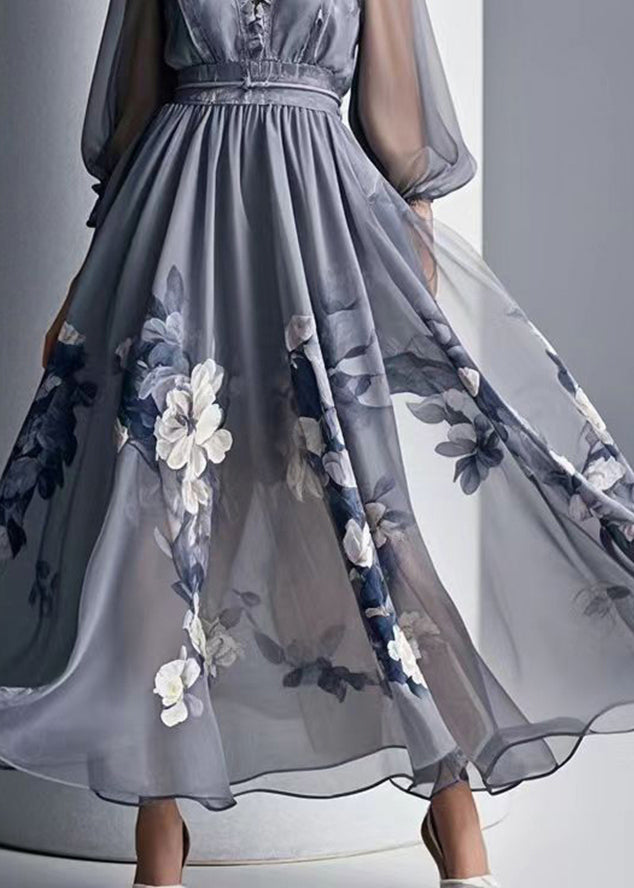 Grey Print Chiffon Dresses Ruffled Exra Large Hem Summer - View 4