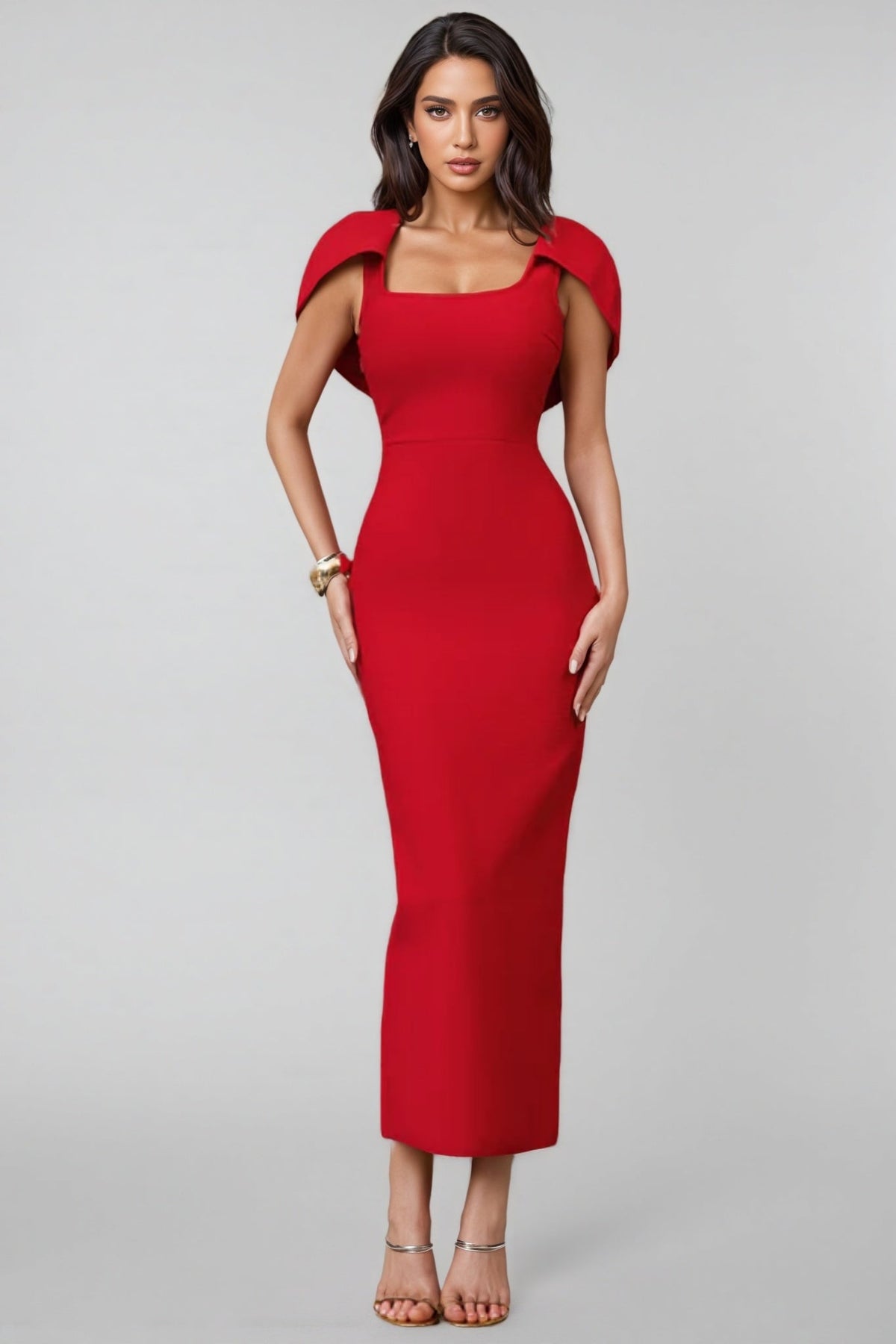 Square Neck Cape Sleeve Bodycon Ankle Length Maxi Dress