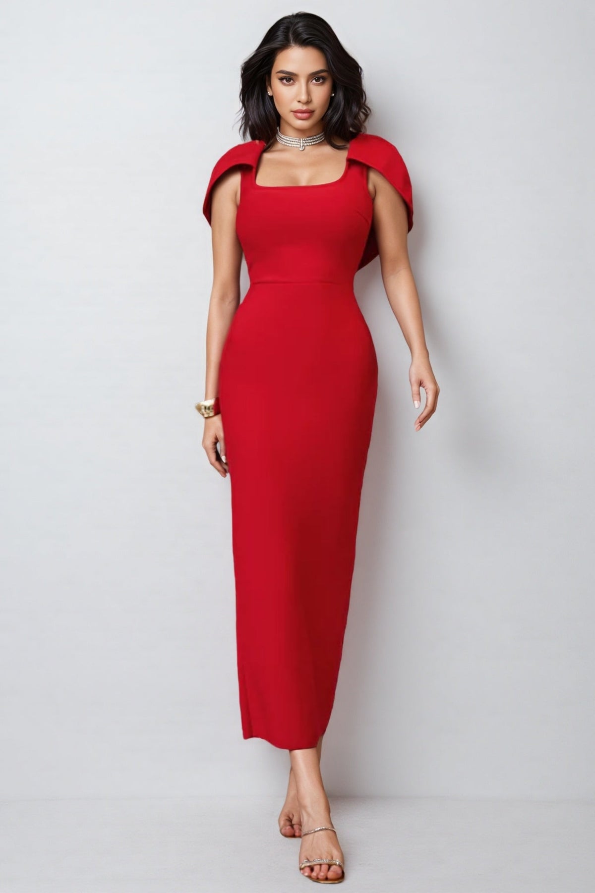 Square Neck Cape Sleeve Bodycon Ankle Length Maxi Dress - View 4