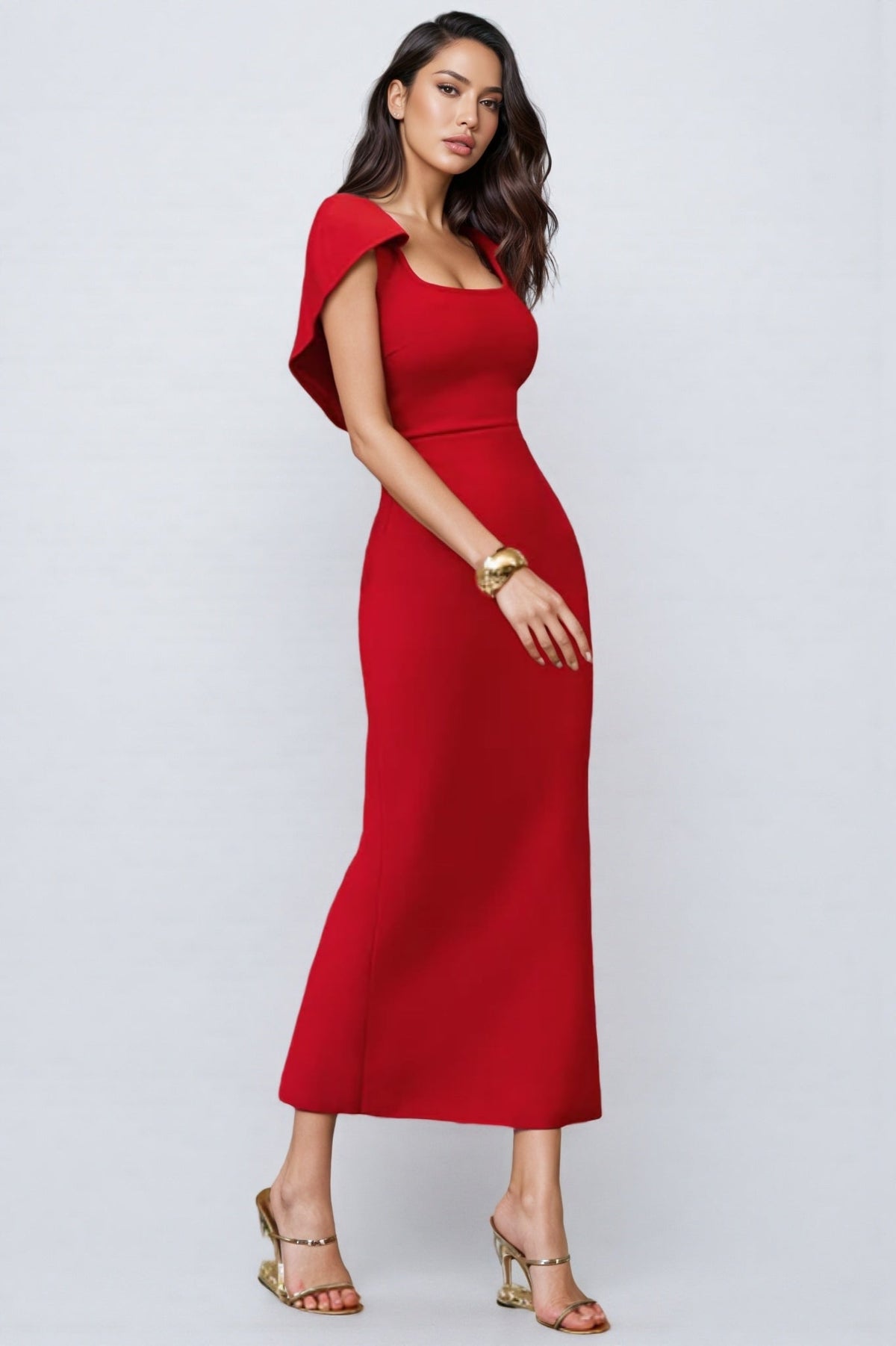 Square Neck Cape Sleeve Bodycon Ankle Length Maxi Dress - View 3