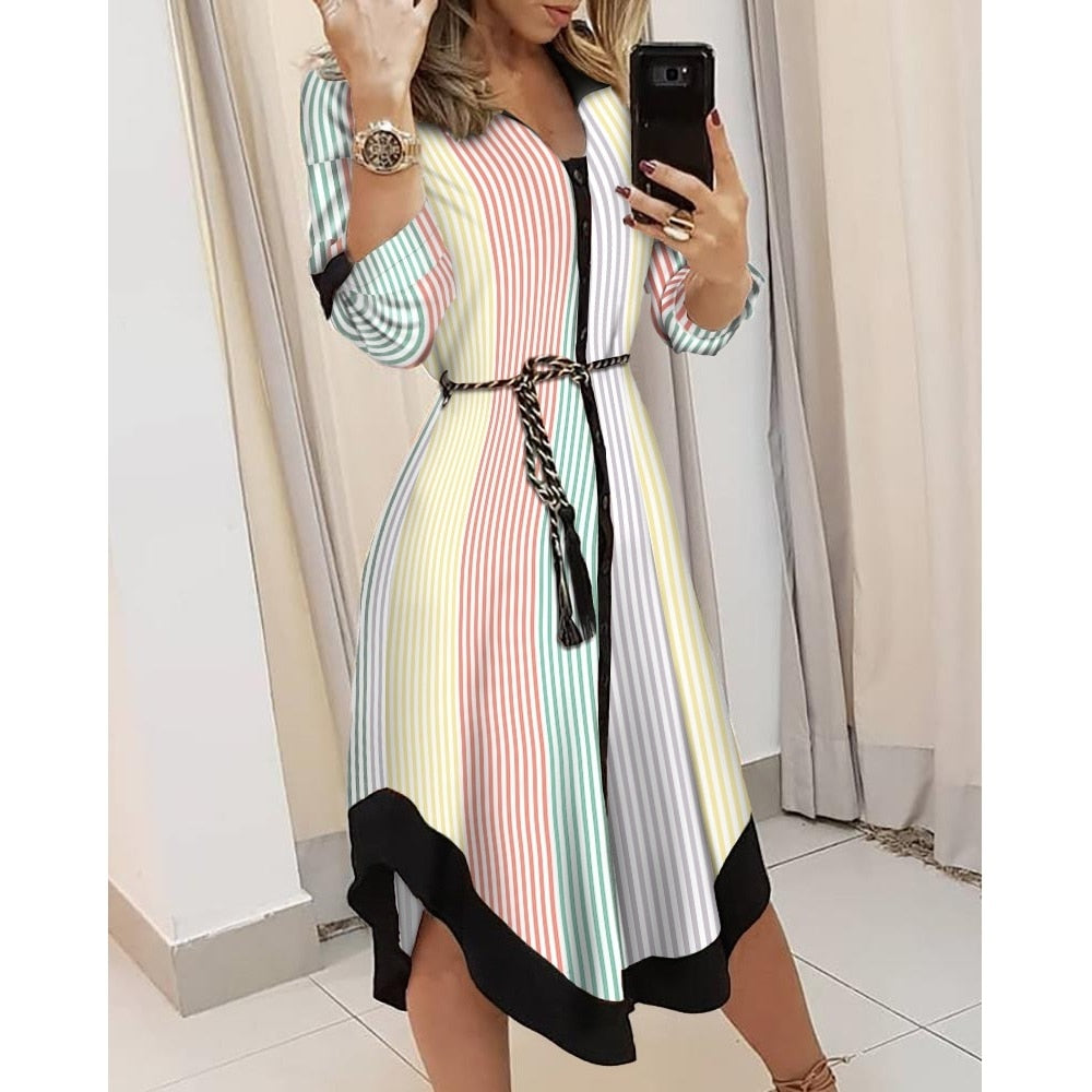 Geometric Print Collared Button Down Long Sleeve Shirt Dress - View 4