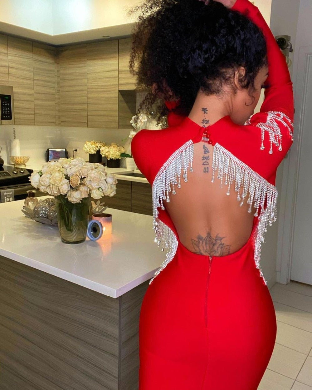 Mock Neck Long Sleeve Backless Rhinestone Fringe Bandage Mini Dress - View 12