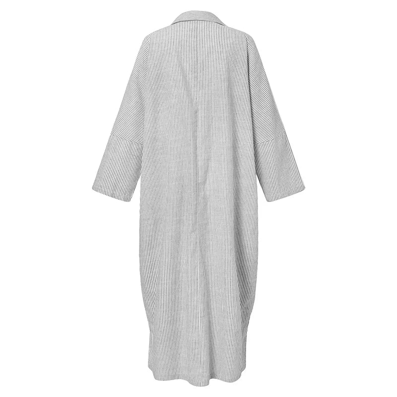 Vertical Stripe V-Neck Collar Button Down High Split Shirt Maxi Dress - View 5