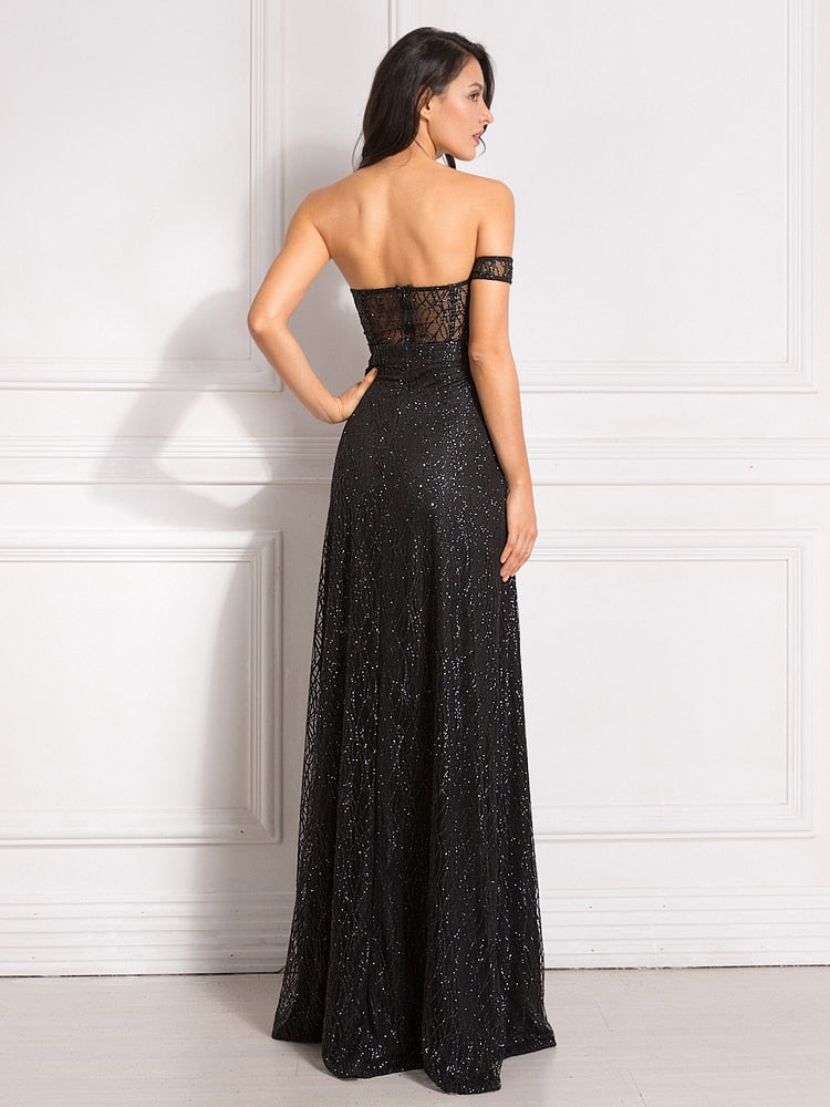 Bling Glitters Floor Length Split Party Backless Long Black Dress - View 11