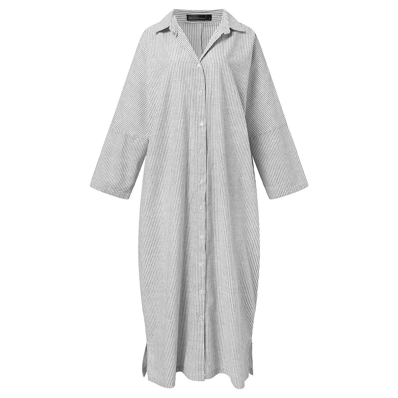 Vertical Stripe V-Neck Collar Button Down High Split Shirt Maxi Dress - View 4