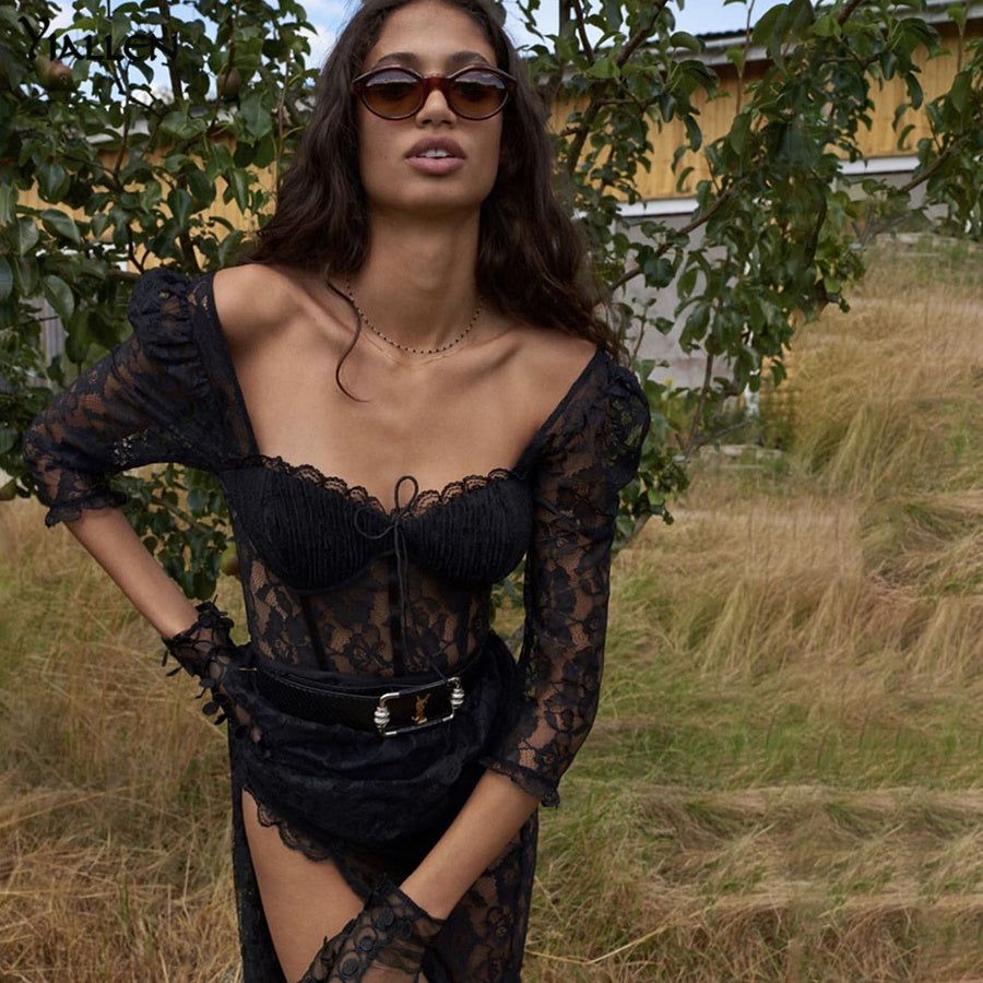 Mystery Doll Lace High Slit Maxi Dress - View 4