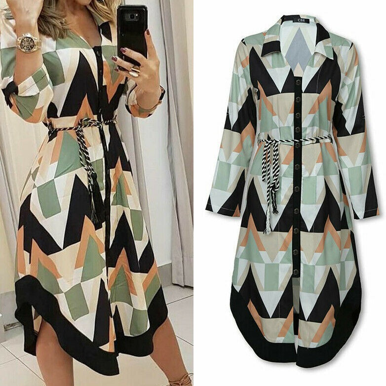 Geometric Print Collared Button Down Long Sleeve Shirt Dress