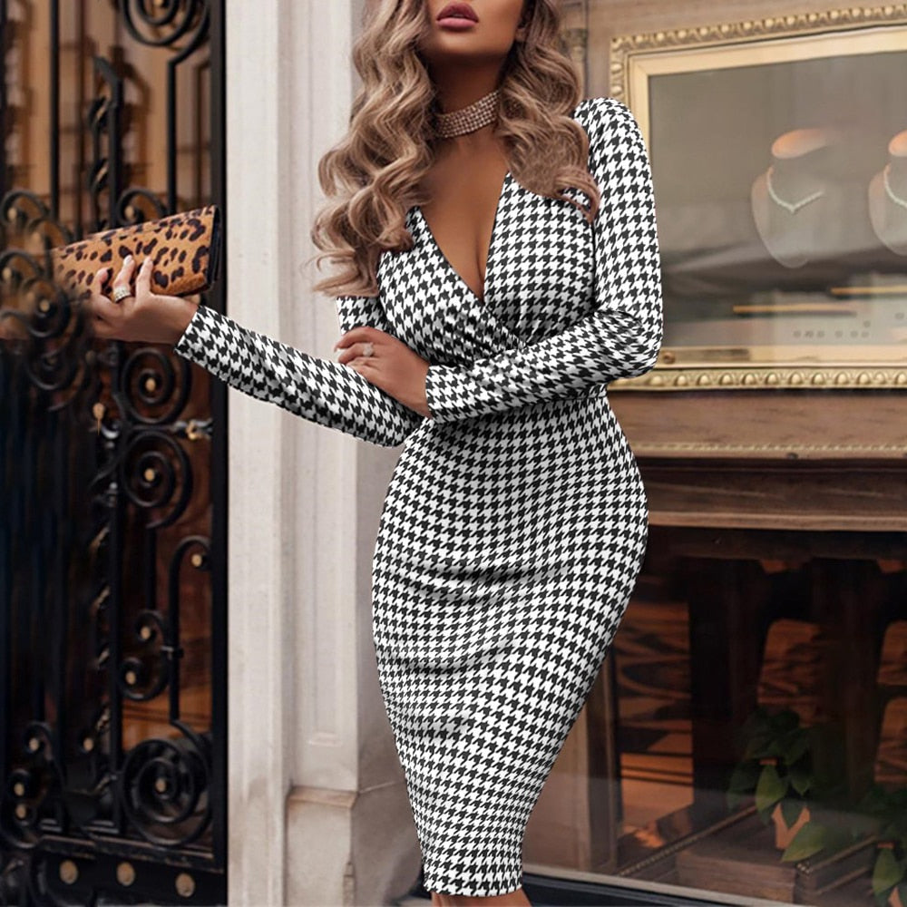 Floral Print Deep V-Neck Long Sleeve Wrap Bodycon Midi Dress - View 2