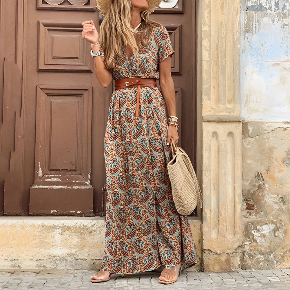 V-Neck Short Sleeve Paisley Print High Split Belted Maxi Dress - View 3
