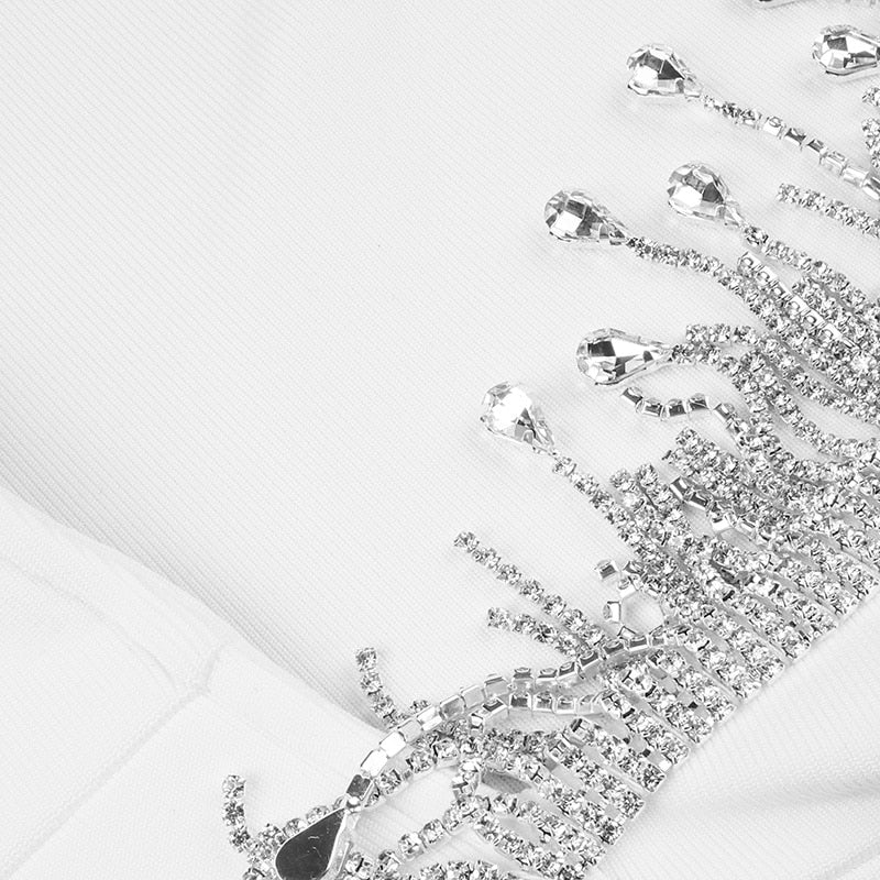 Mock Neck Long Sleeve Backless Rhinestone Fringe Bandage Mini Dress 36