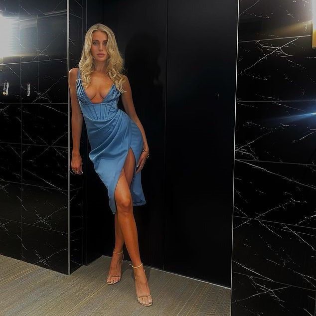 Satin Deep V-Neck Corset Ruched Wrap High Split Midi Dress - View 8