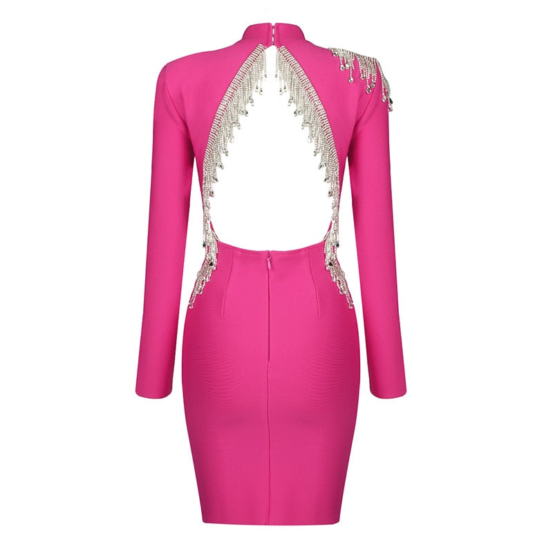 Mock Neck Long Sleeve Backless Rhinestone Fringe Bandage Mini Dress 40