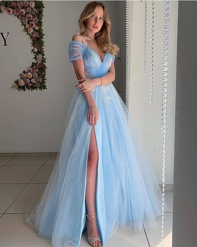 Off Shoulder V-Neck Lace Tulle High Split A-Line Prom Gown - View 3