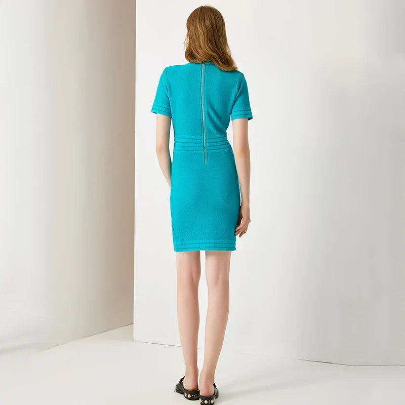 V-Neck Short Sleeve Button Front Knit Bodycon Mini Dress 6