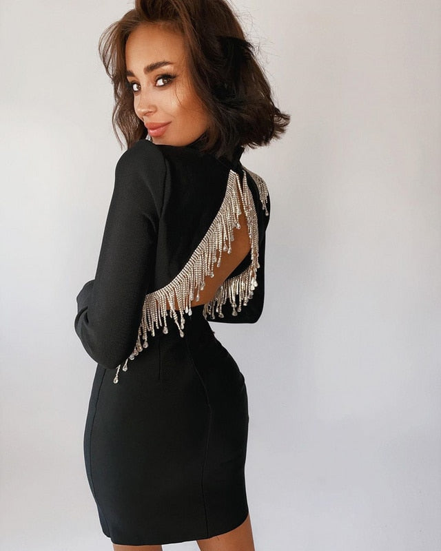 Mock Neck Long Sleeve Backless Rhinestone Fringe Bandage Mini Dress - View 24