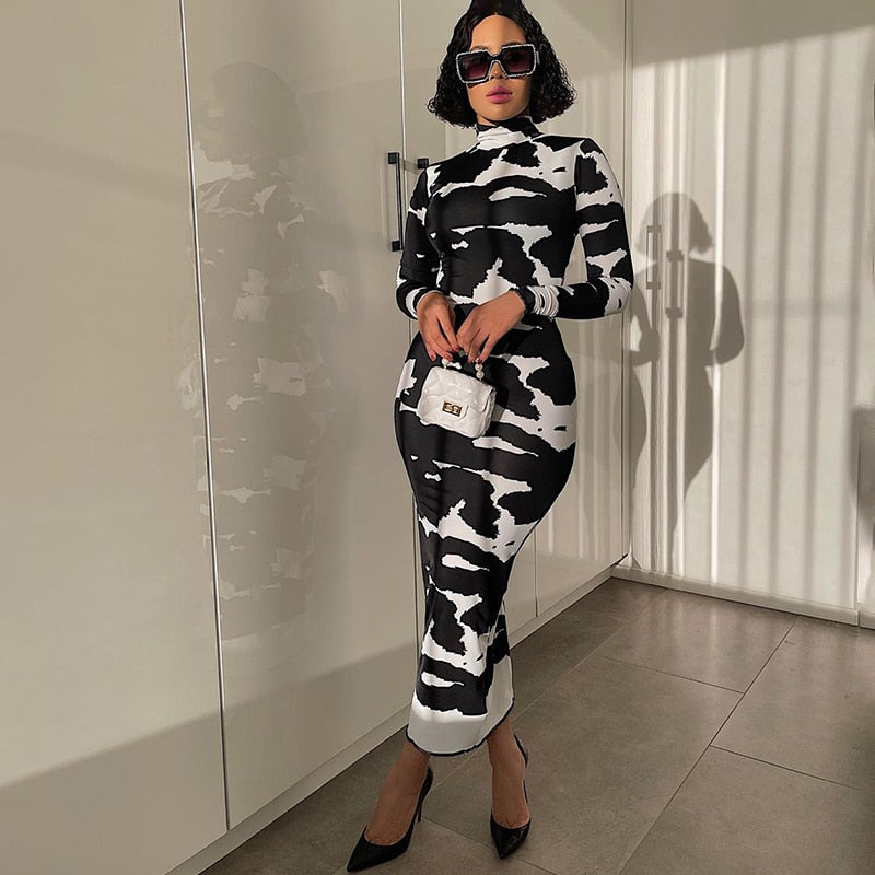 Turtleneck Long Sleeve Cow Print Bodycon Maxi Dress