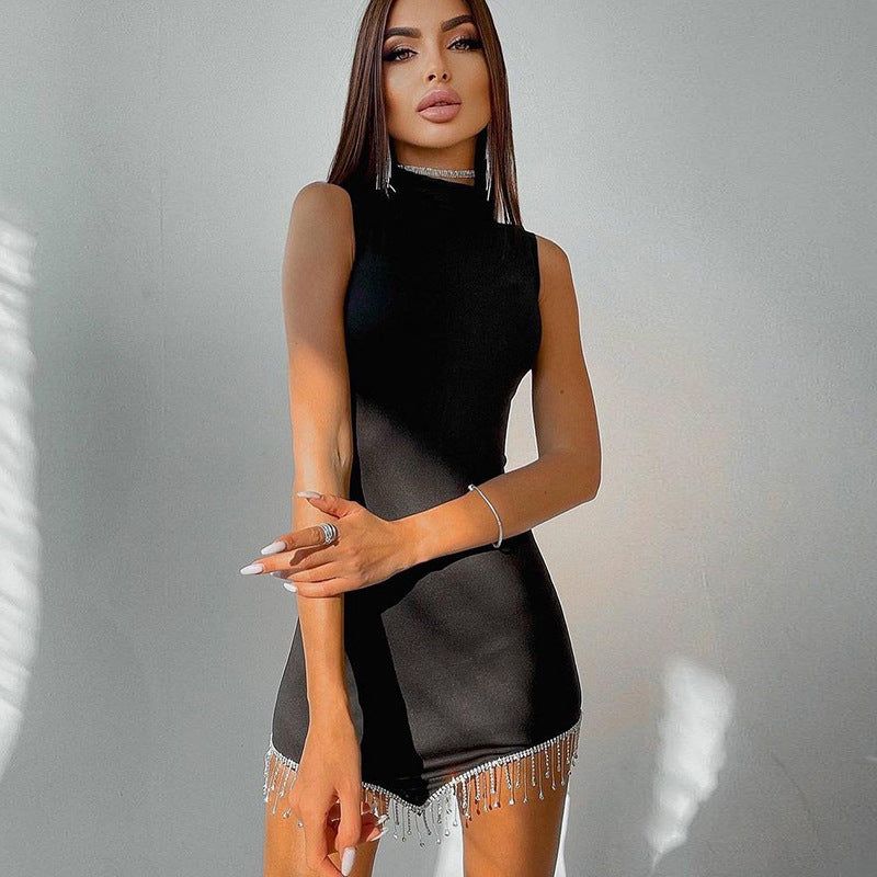 High Neck Sleeveless Rhinestone Fringe Bodycon Mini Dress - View 8