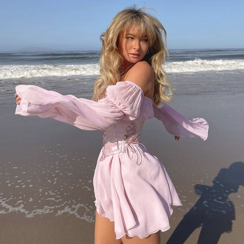 Floral Print Off Shoulder Puff Sleeve Lace Up Corset Mini Dress - View 7