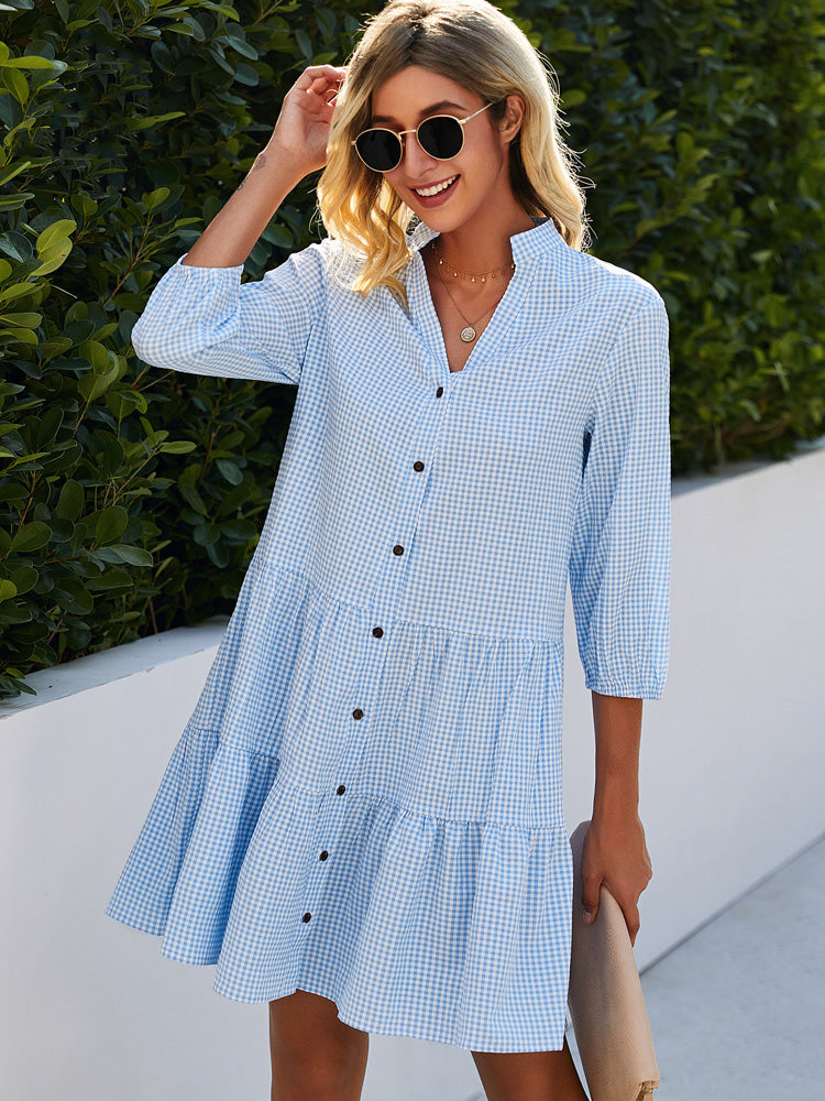 Gingham Mandarin Collar Button Front Tiered Ruffle Mini Dress