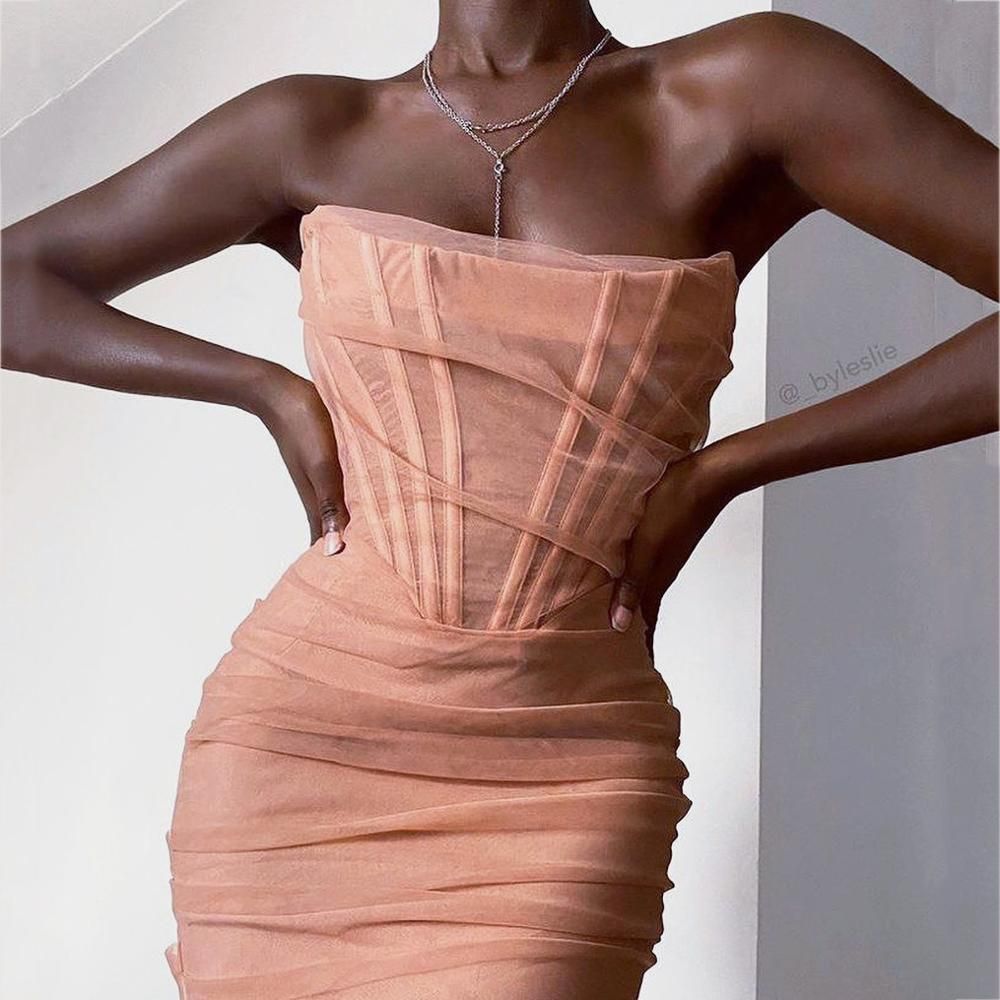 Mesh Strapless Corset Ruched Bodycon Dress in Pink