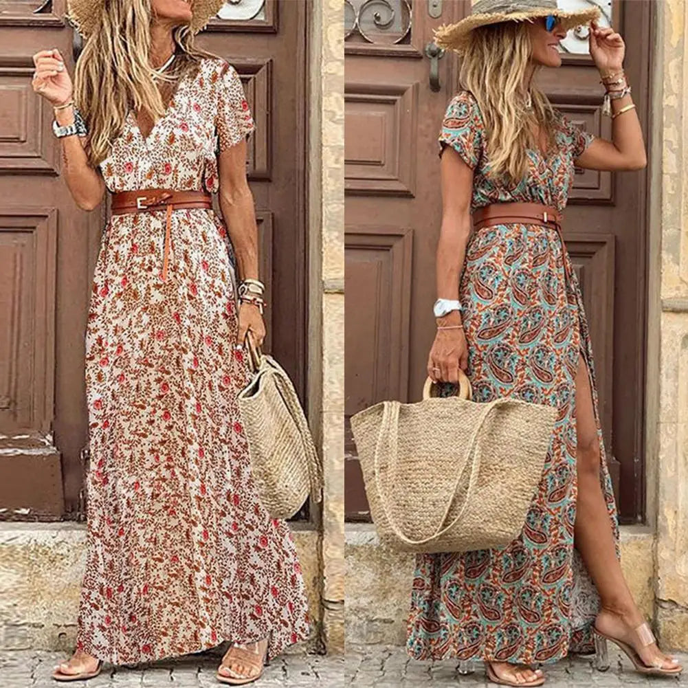 V-Neck Short Sleeve Paisley Print Belted Flowy Maxi Dress - View 3