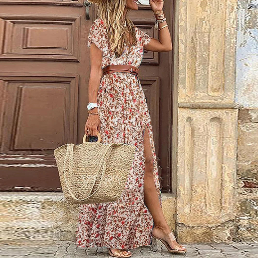 V-Neck Short Sleeve Paisley Print Belted Flowy Maxi Dress - View 2