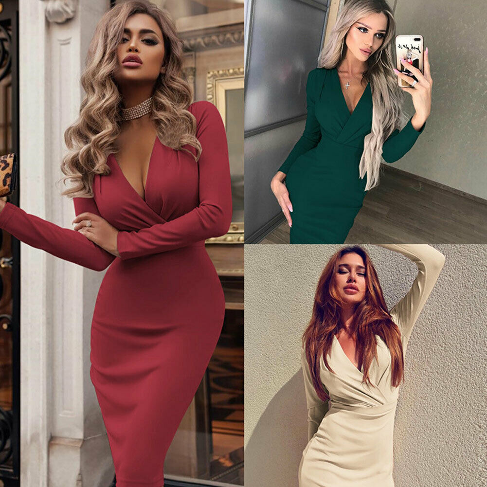 Deep V-Neck Long Sleeve Wrap Bodycon Midi Dress - View 6