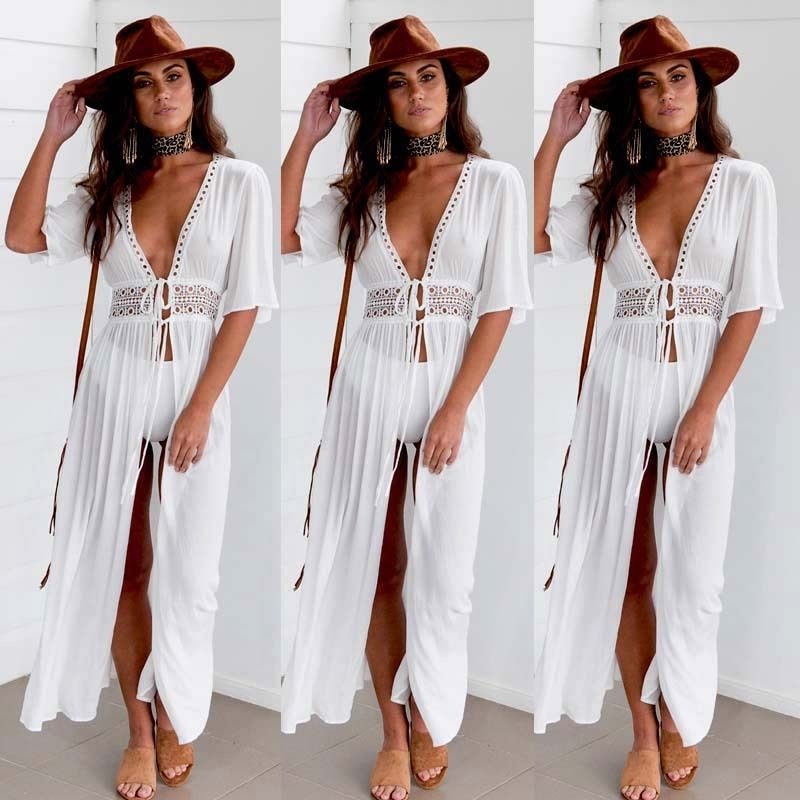 Deep V-Neck Crochet Waist Tie Front Open Split Maxi Dress