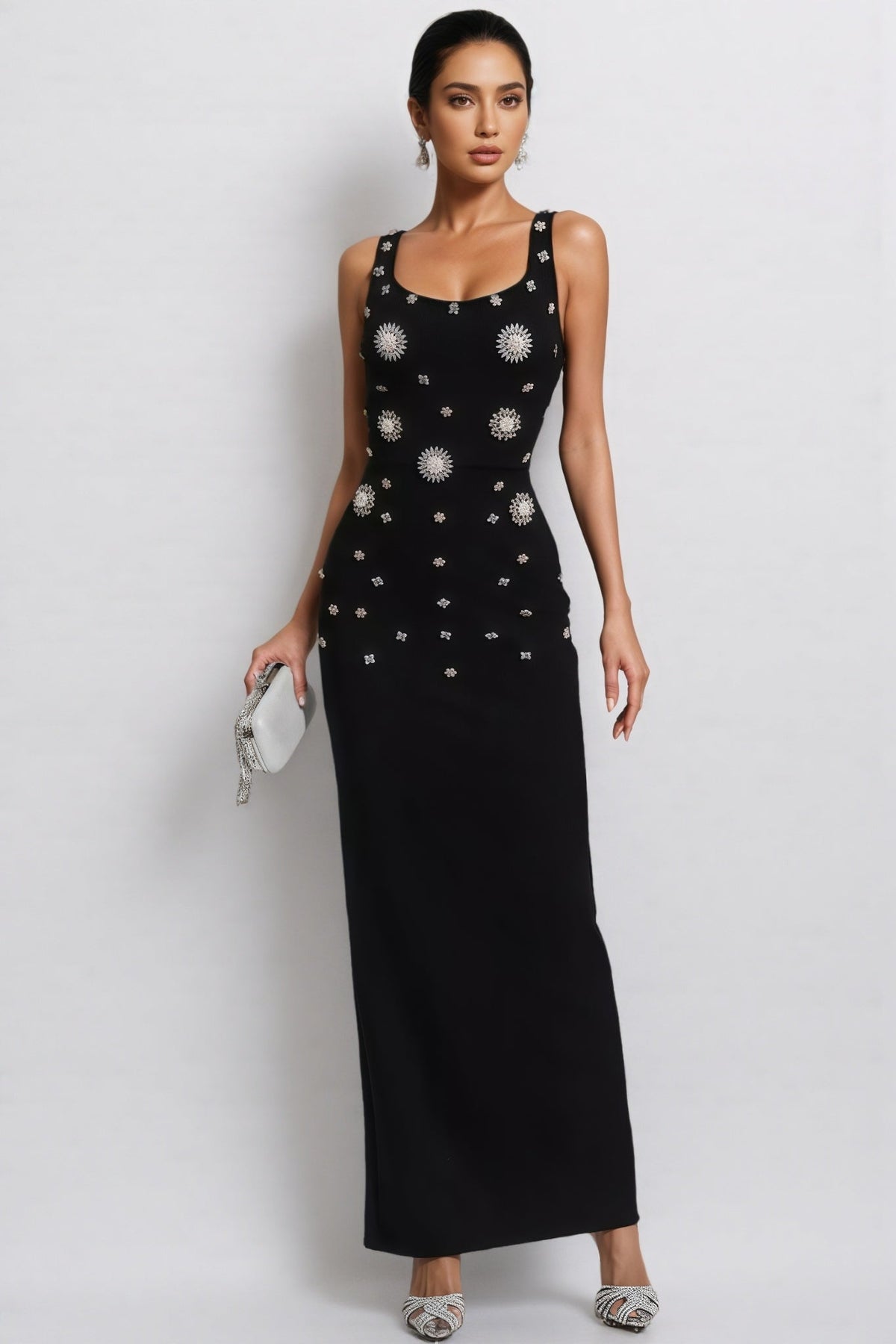 Rhinestone Sunburst Scoop Neck Sleeveless Column Maxi Gown