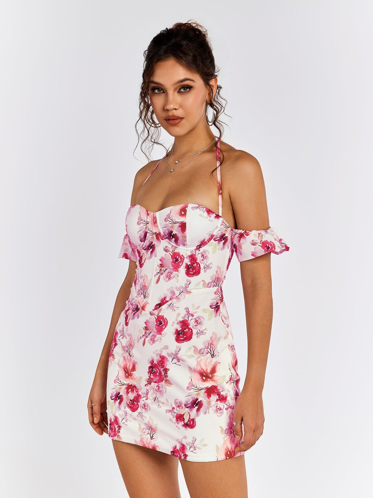 Floral Off Shoulder Sweetheart Ruffle Corset Bodycon Mini Dress - View 4
