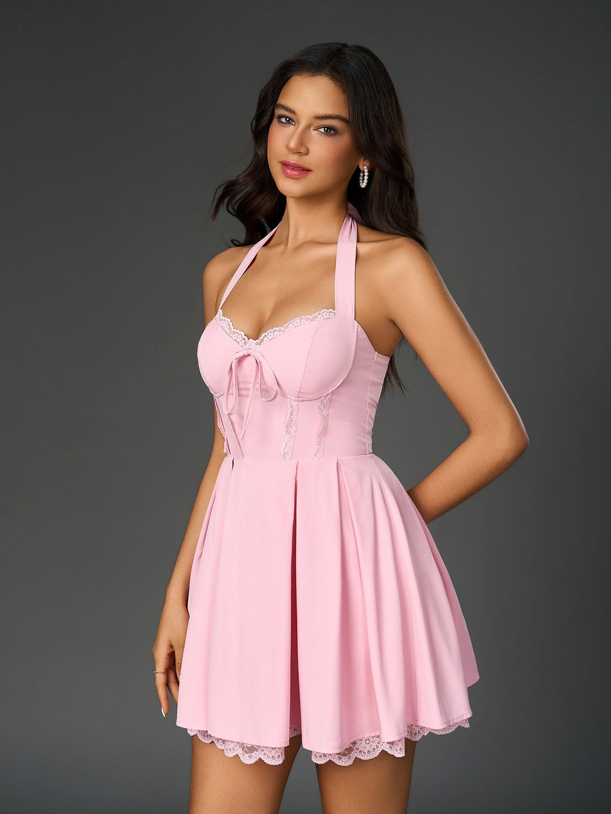 Halter Neck Lace Trim Tie Front Corset Fit and Flare Mini Dress - View 8