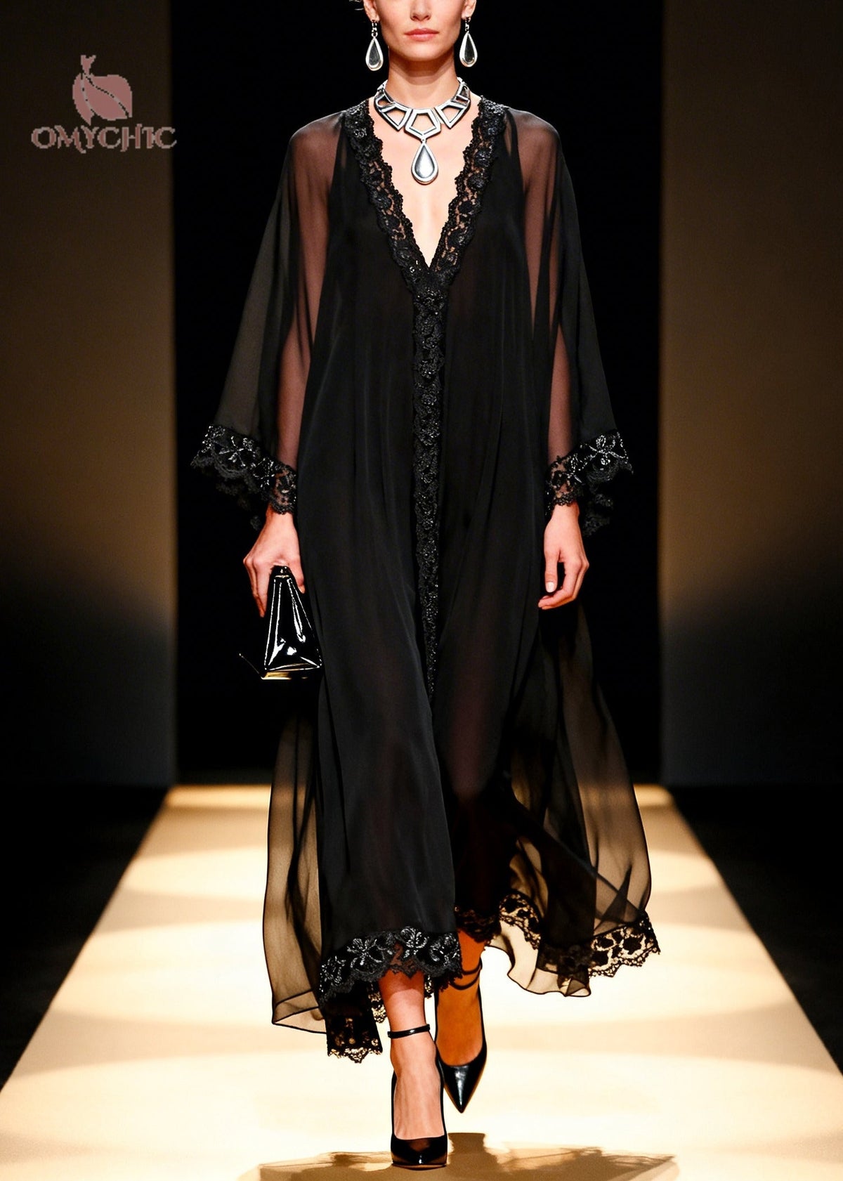 Sheer Chiffon Deep V-Neck Lace Trim Kimono Sleeve Kaftan Maxi Gown