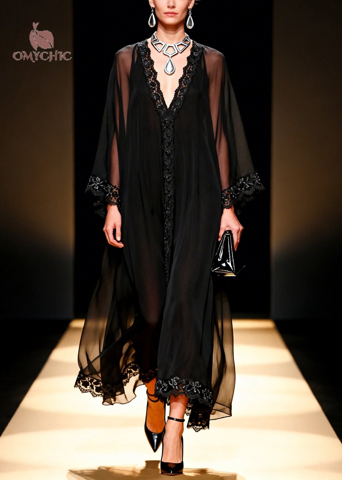 Sheer Chiffon Deep V-Neck Lace Trim Kimono Sleeve Kaftan Maxi Gown - View 3