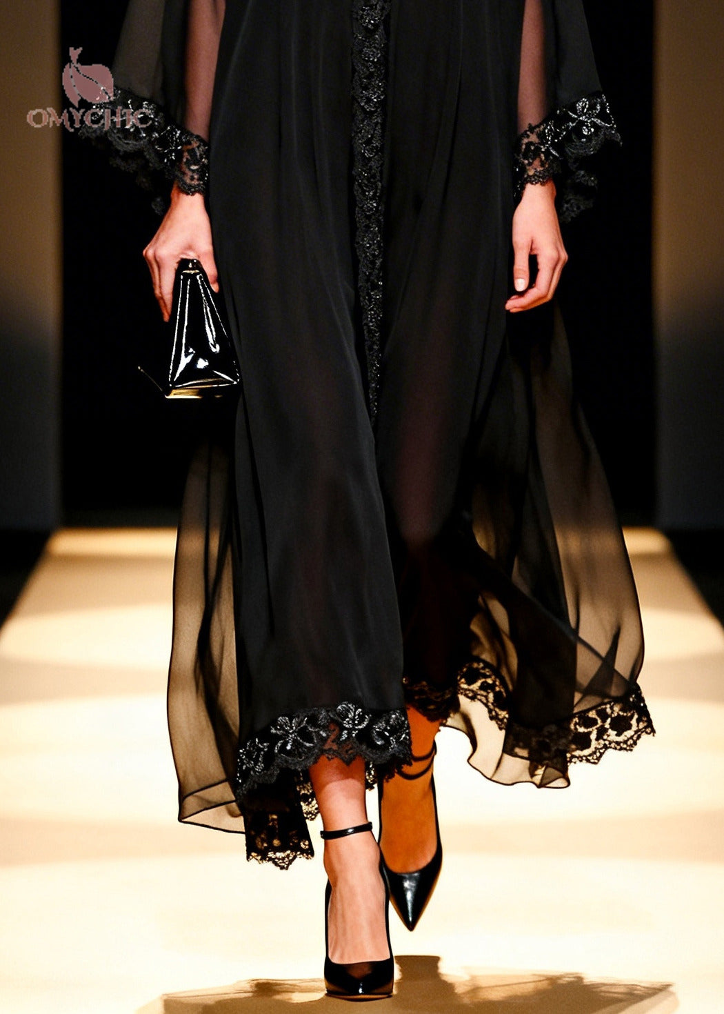 Sheer Chiffon Deep V-Neck Lace Trim Kimono Sleeve Kaftan Maxi Gown - View 4