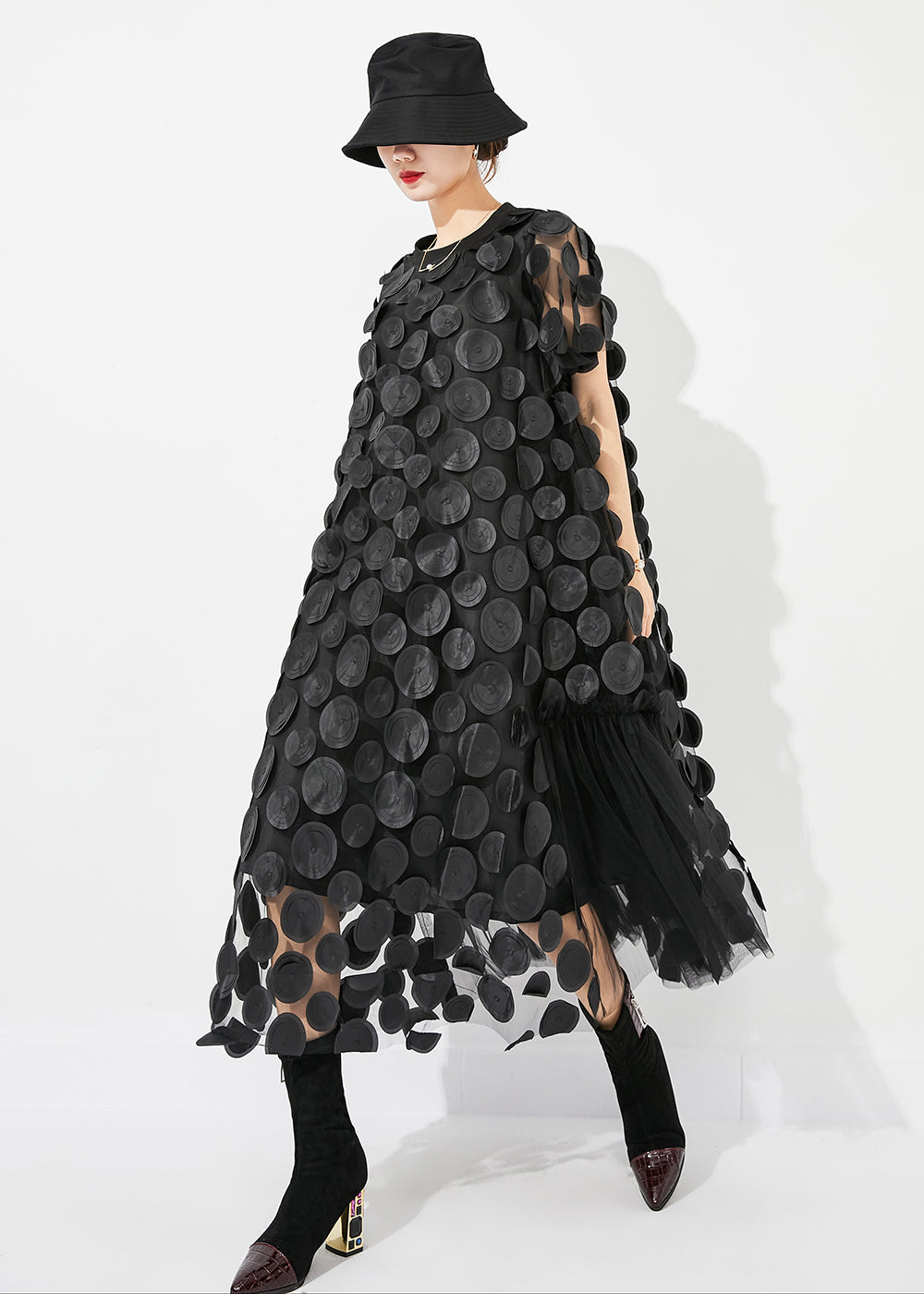 Mesh Circle Disc Appliqué High Neck Cap Sleeve A-Line Midi Dress - View 2