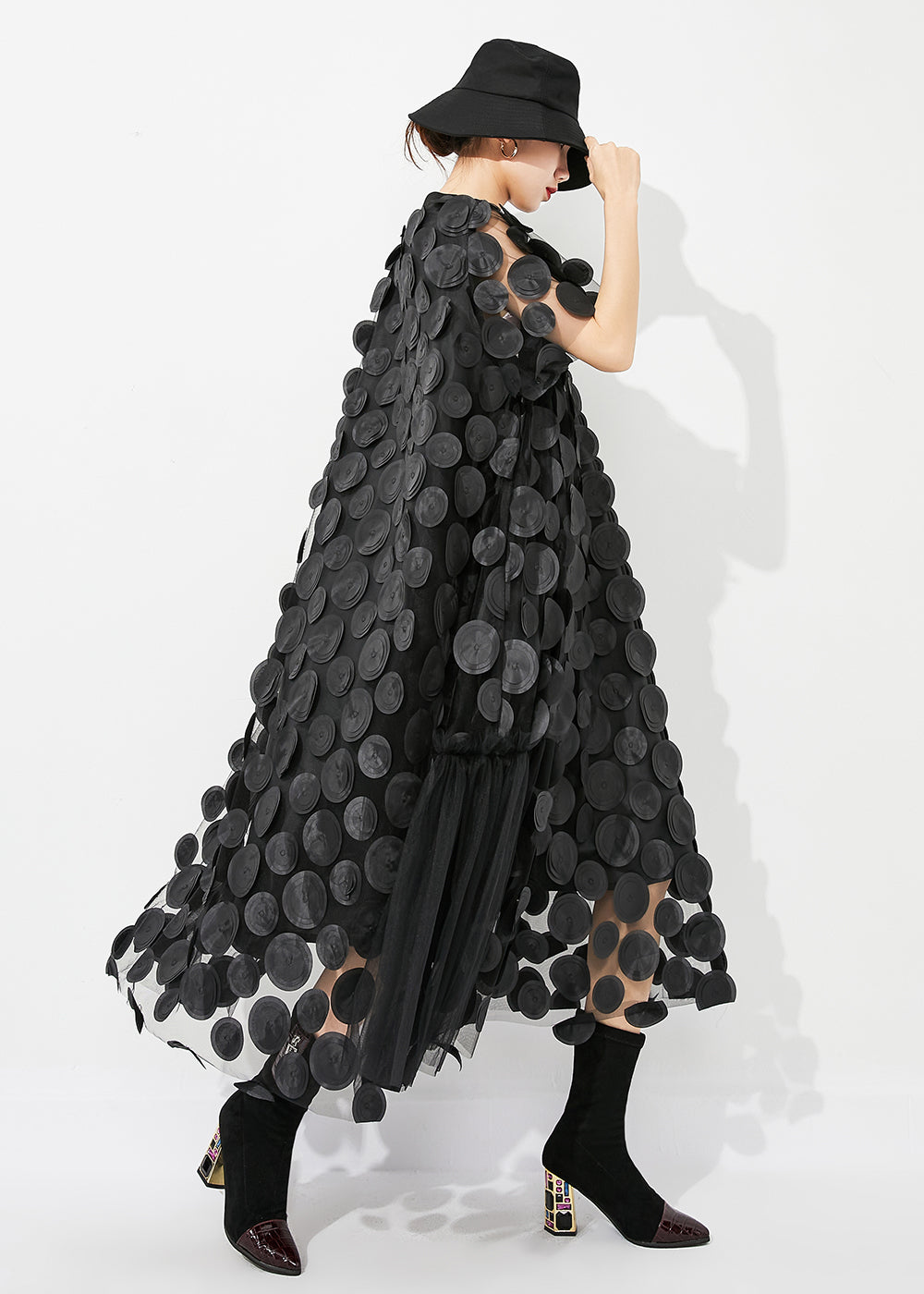 Mesh Circle Disc Appliqué High Neck Cap Sleeve A-Line Midi Dress - View 4