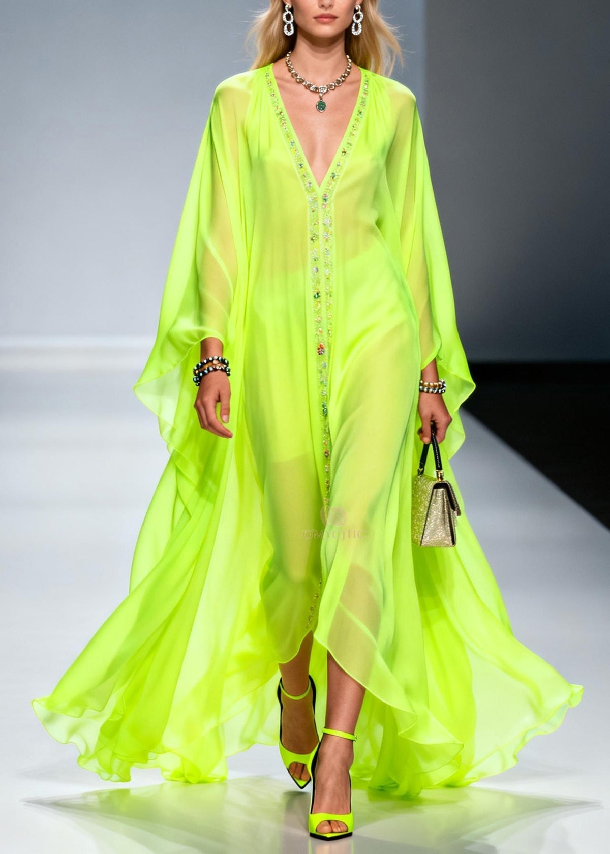 Beaded Trim Deep V-Neck Butterfly Sleeve Sheer Chiffon Maxi Gown