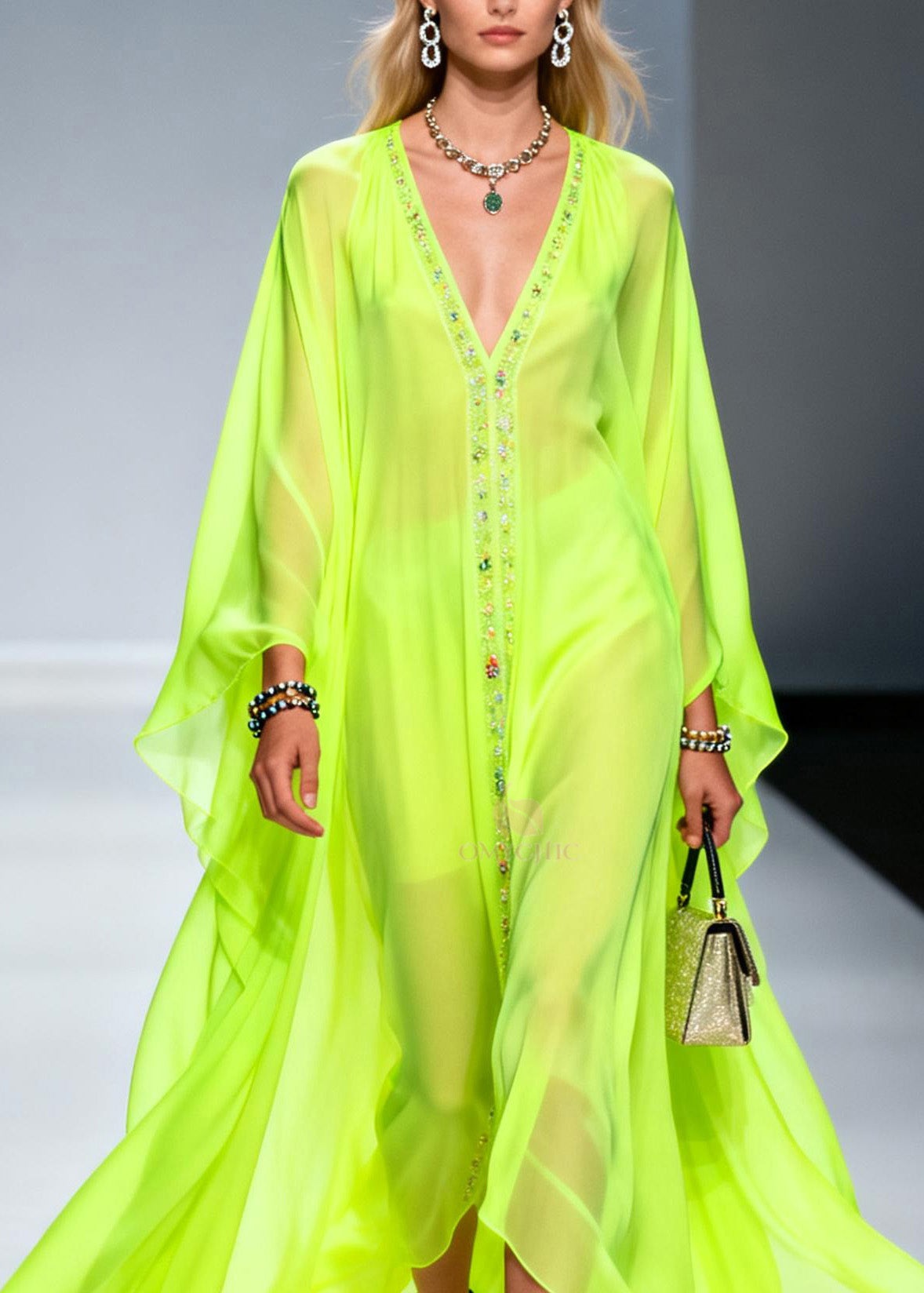 Beaded Trim Deep V-Neck Butterfly Sleeve Sheer Chiffon Maxi Gown - View 2