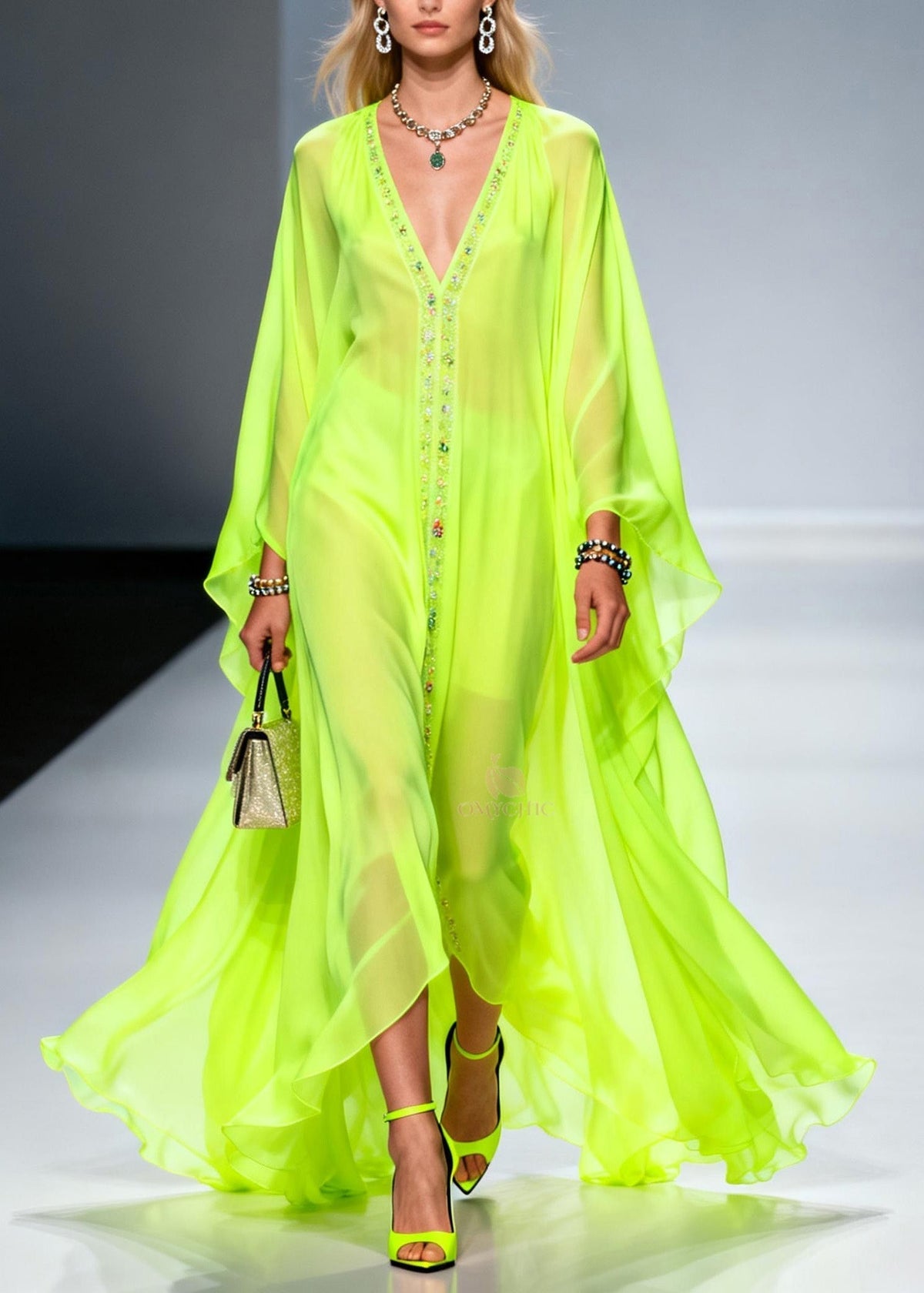 Beaded Trim Deep V-Neck Butterfly Sleeve Sheer Chiffon Maxi Gown - View 3