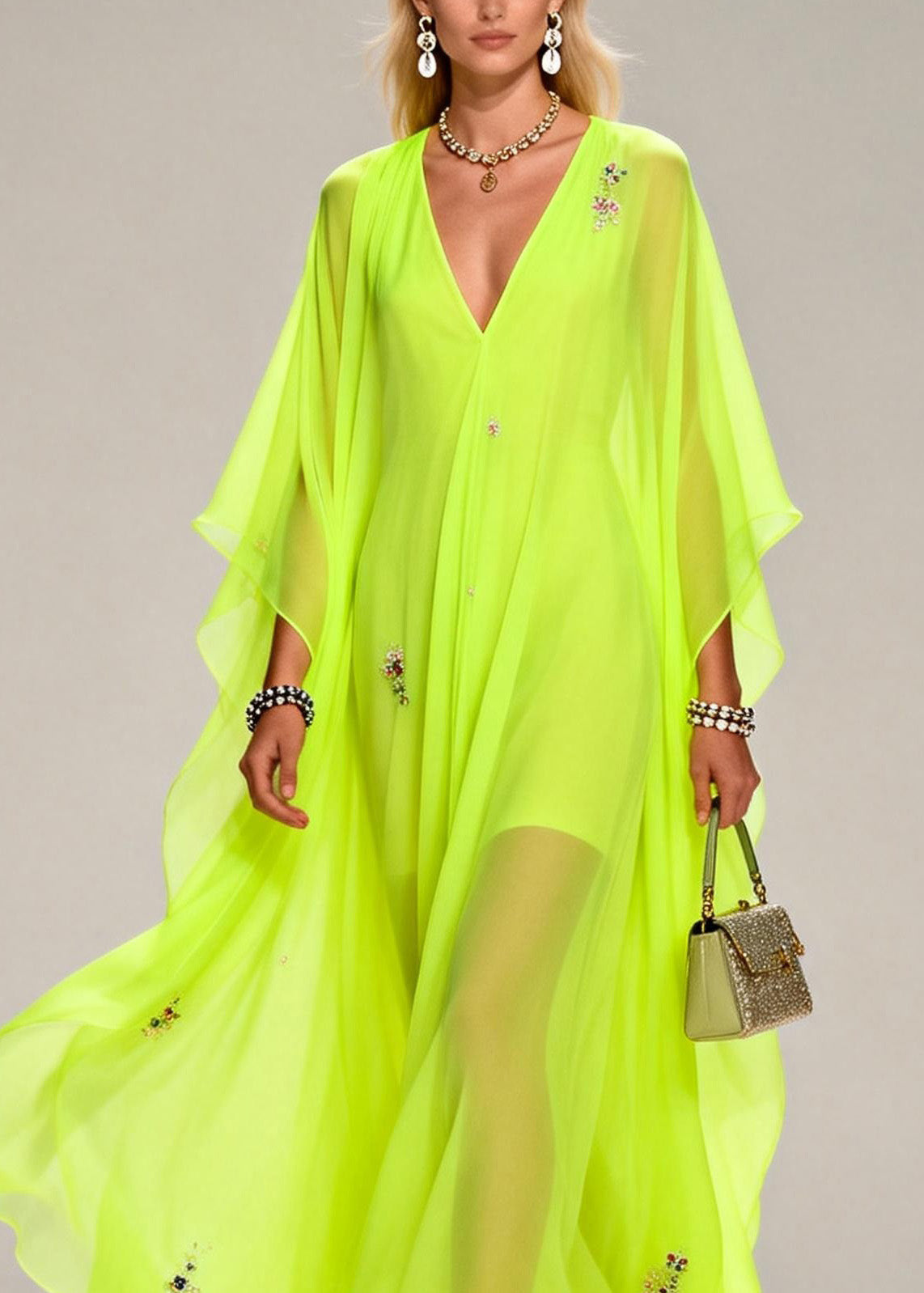 Sequin Floral Scatter Deep V-Neck Cape Sleeve Sheer Kaftan Maxi Gown - View 2
