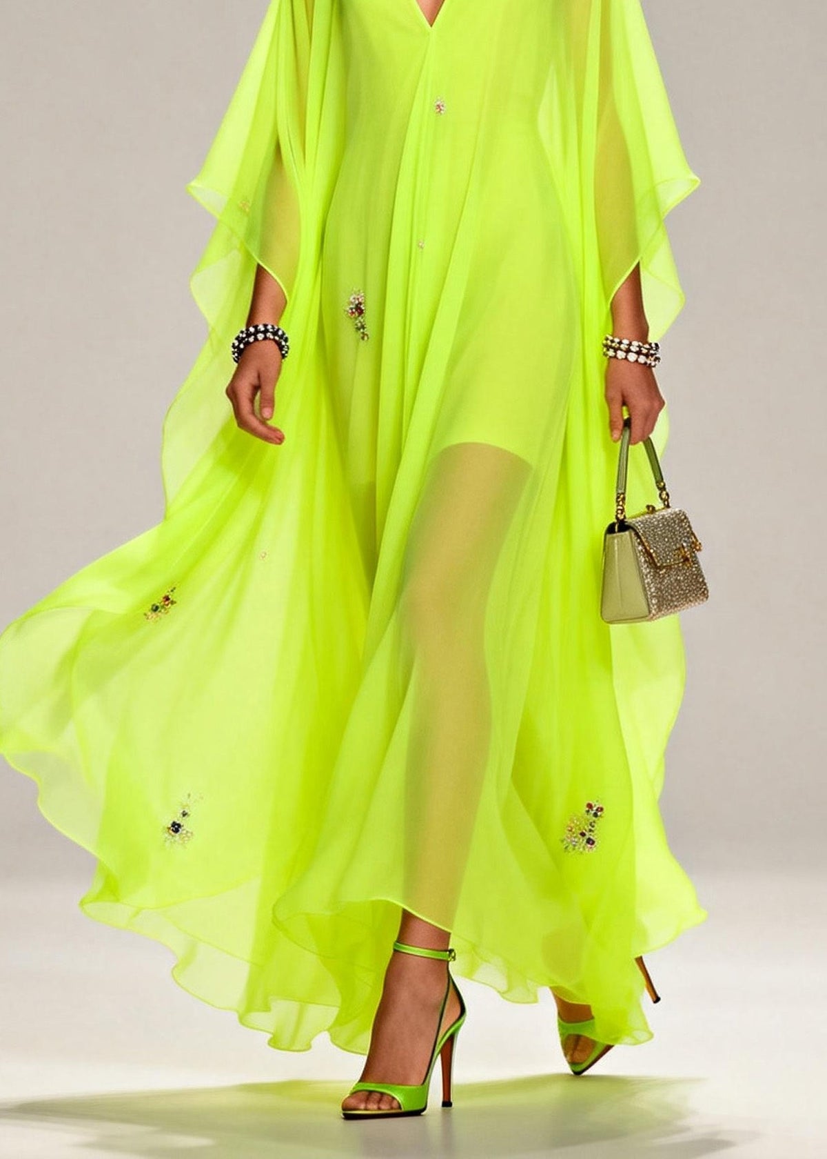 Sequin Floral Scatter Deep V-Neck Cape Sleeve Sheer Kaftan Maxi Gown - View 4